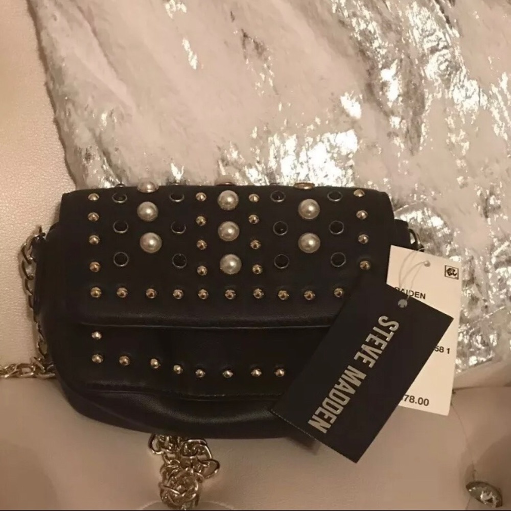 Steve Madden Black Pearl Embellished Crossbody Bag - Picture 6 of 9